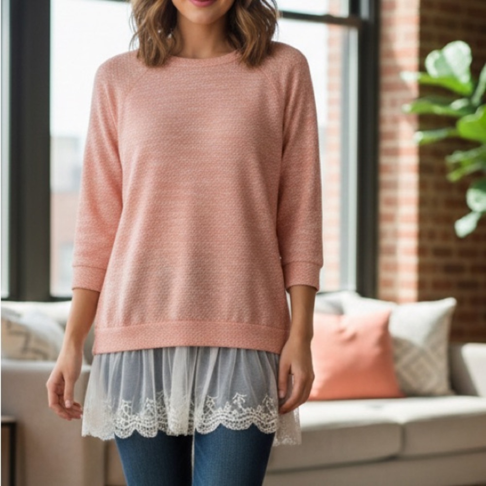 Boho Peach Coral Knit‎ Tunic with Tiered Lace Hem Size Medium